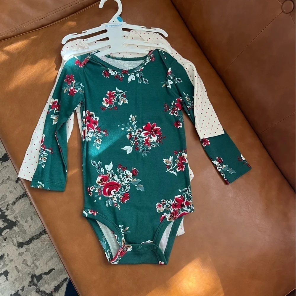 Carter’s Baby Toddler Girl 2 piece Bodysuit 24M Floral Polka Dot Christmas NWT